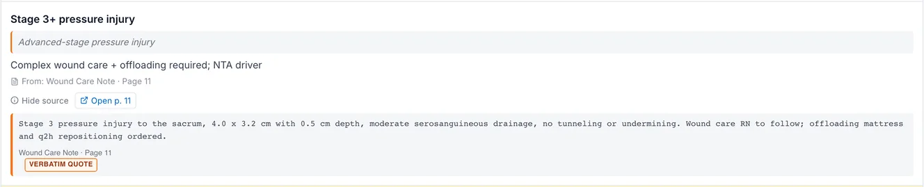 Synthetic AdmitScore evidence trace: a flagged clinical risk shown beside its verbatim source quote, the source document name, and the exact packet page number, with an Open page control for staff verification.