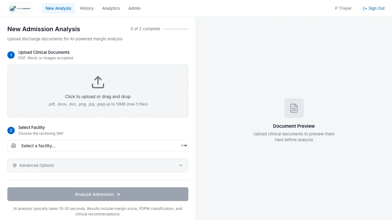 AdmitScore workflow showing document upload and analysis output