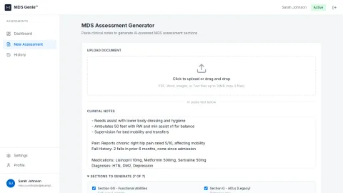 MDS Genie™ assessment results showing Section GG functional abilities with ADL scores, confidence ratings, and ICD-10 diagnoses