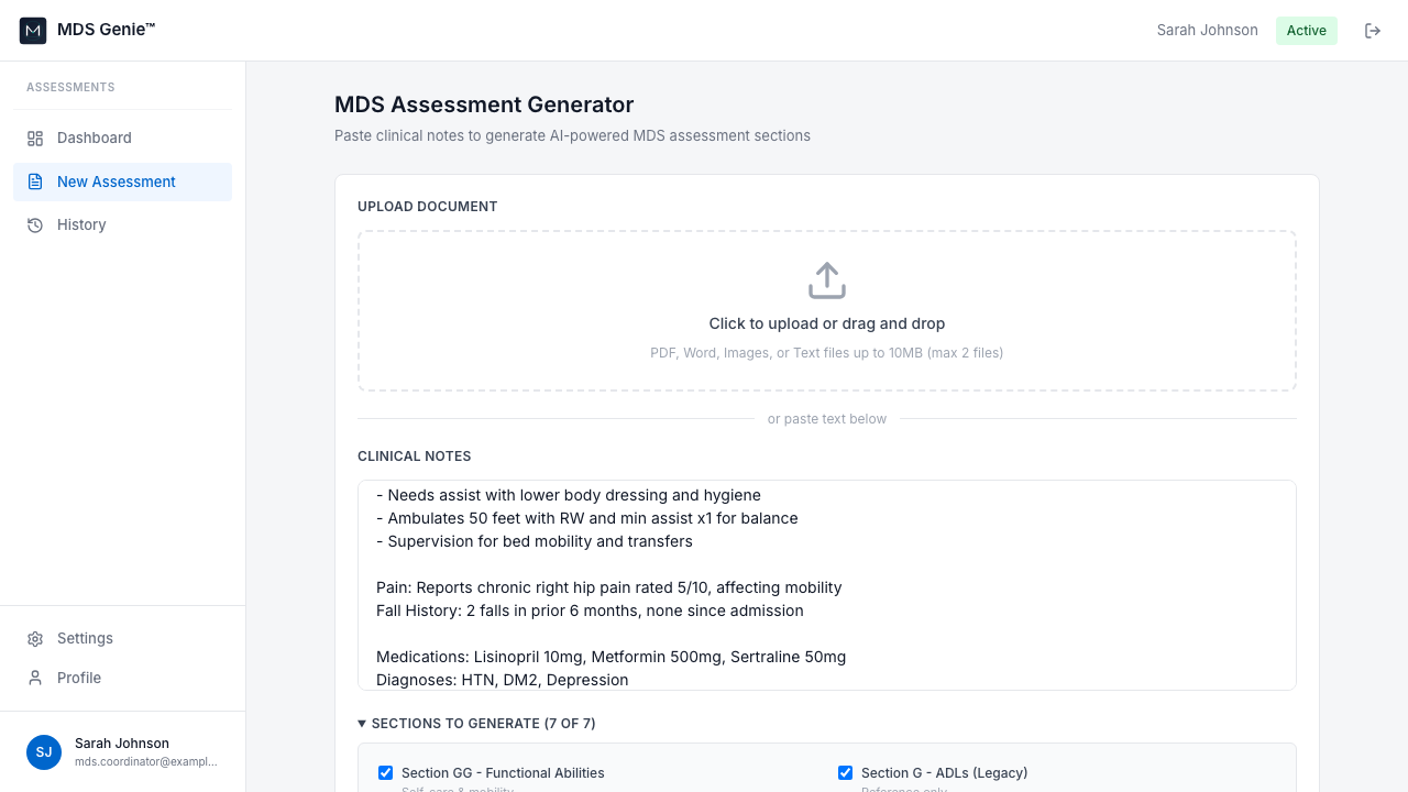 MDS Genie assessment results showing Section GG functional abilities with ADL scores, confidence ratings, and ICD-10 diagnoses